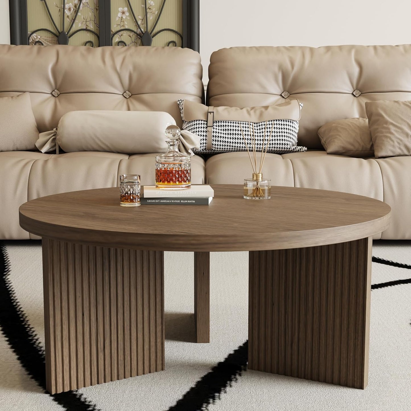 Wooden Round Coffee Table, 35" Coffee Table with Smooth Thick Mesa, Low Circle Center Table with X Shaped Stable Legs, Accent Tea Table for Living Room, Office, Brown