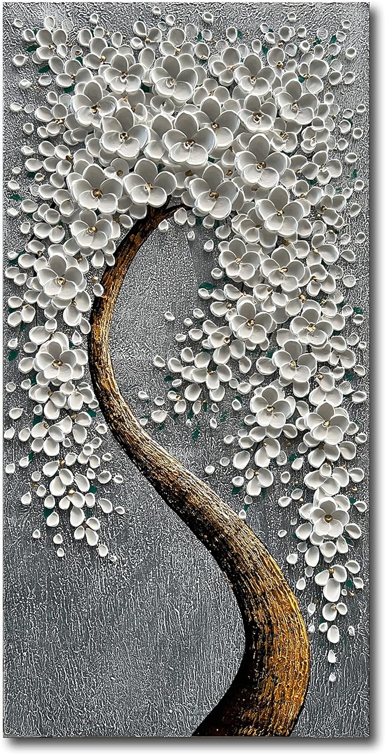100% Hand-Painted 3D White Vertical Abstract Flower Tree Painting, Canvas Texture Mural, Living Room, Bedroom, Dining Room Mural 24x48 inchs