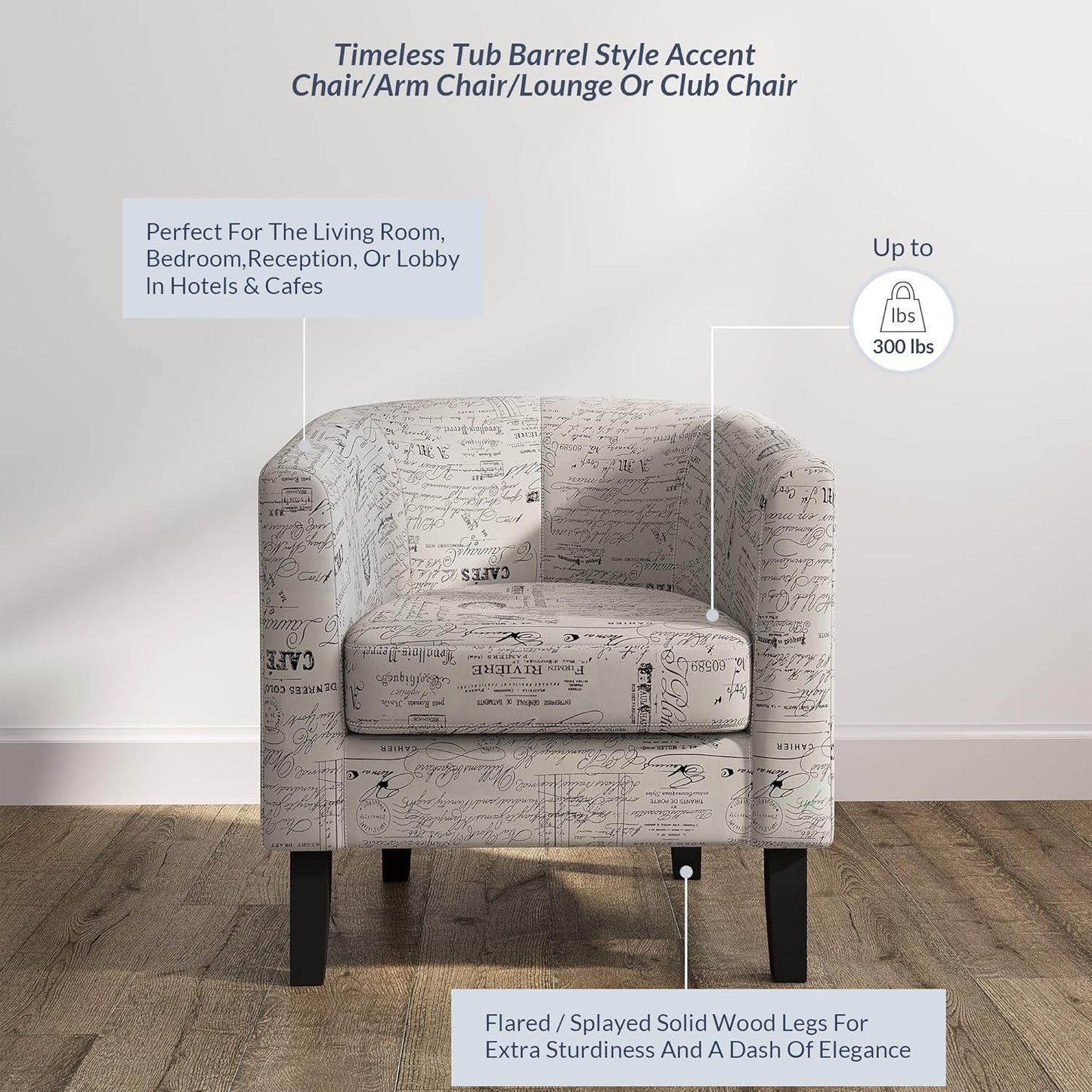 BELLEZE Accent Barrel Chair, Linen Round Chair Club Tub Sofa Corner Chair with Flared Legs and Cozy Soft Padding for Living Room Bedroom Waiting Room - Black & Beige