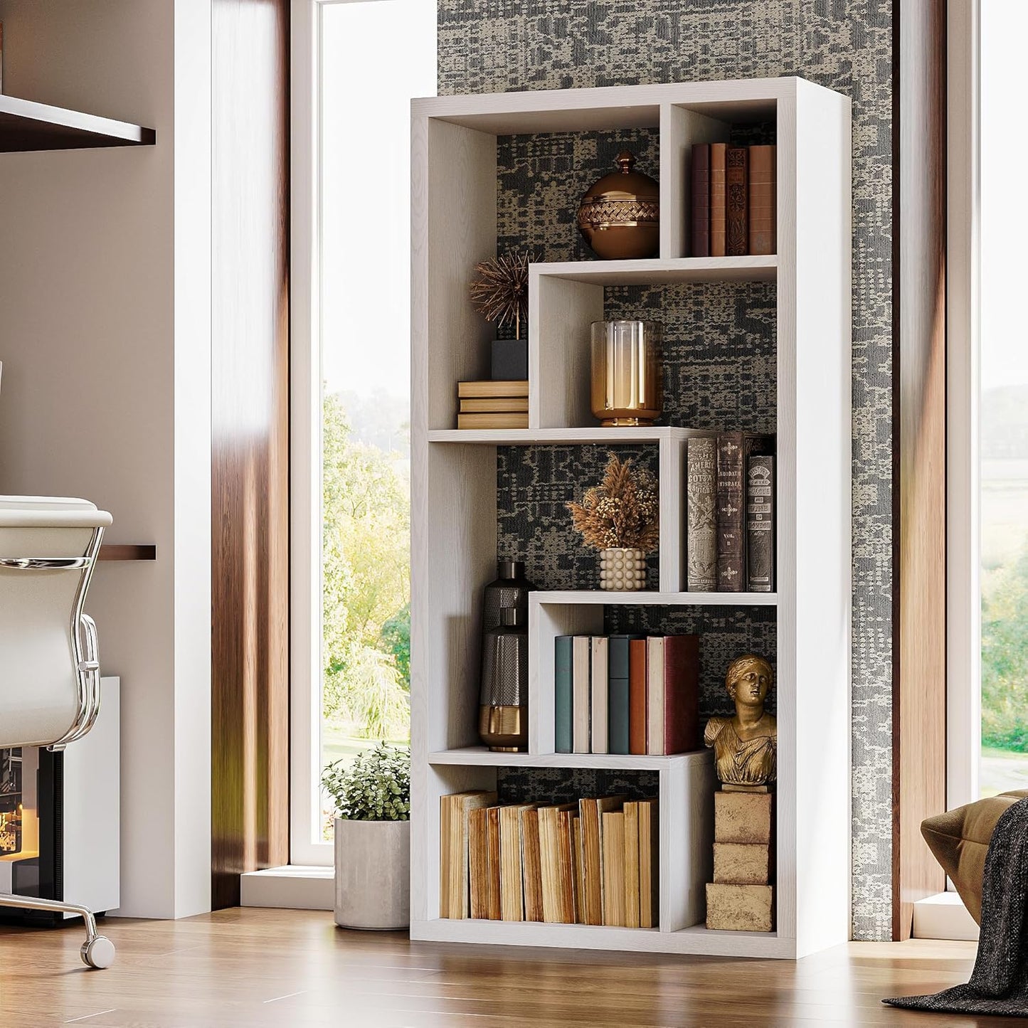 IRONCK Geometric Bookcase 6-Shelf Industrial Bookshelf White Etagere Bookcase Tall Storage Display Bookshelf with Thicken Shelf for Living Room Home Office