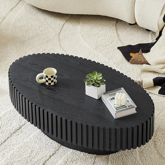 Oval Coffee Table for Living Room, Modern Fluted Coffee Tables with Pedestal Base, Handcrafted Centre Tea Tables Easy Assembly-43.7" Black