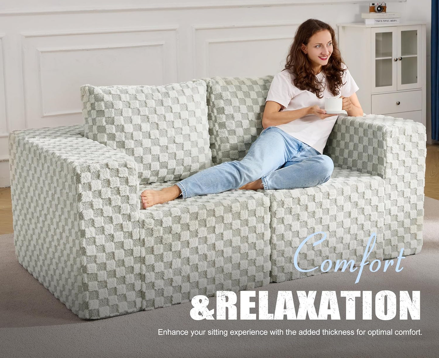 Modular Sectional Sofa 2 Seater Loveseat Modular Couch with Deep Seat Memory Foam Cloud Sofa Chair with Pillows Oversized Sectional Sofa for Living Room Bedroom (Plush GREYOLIVE, Loveseat)