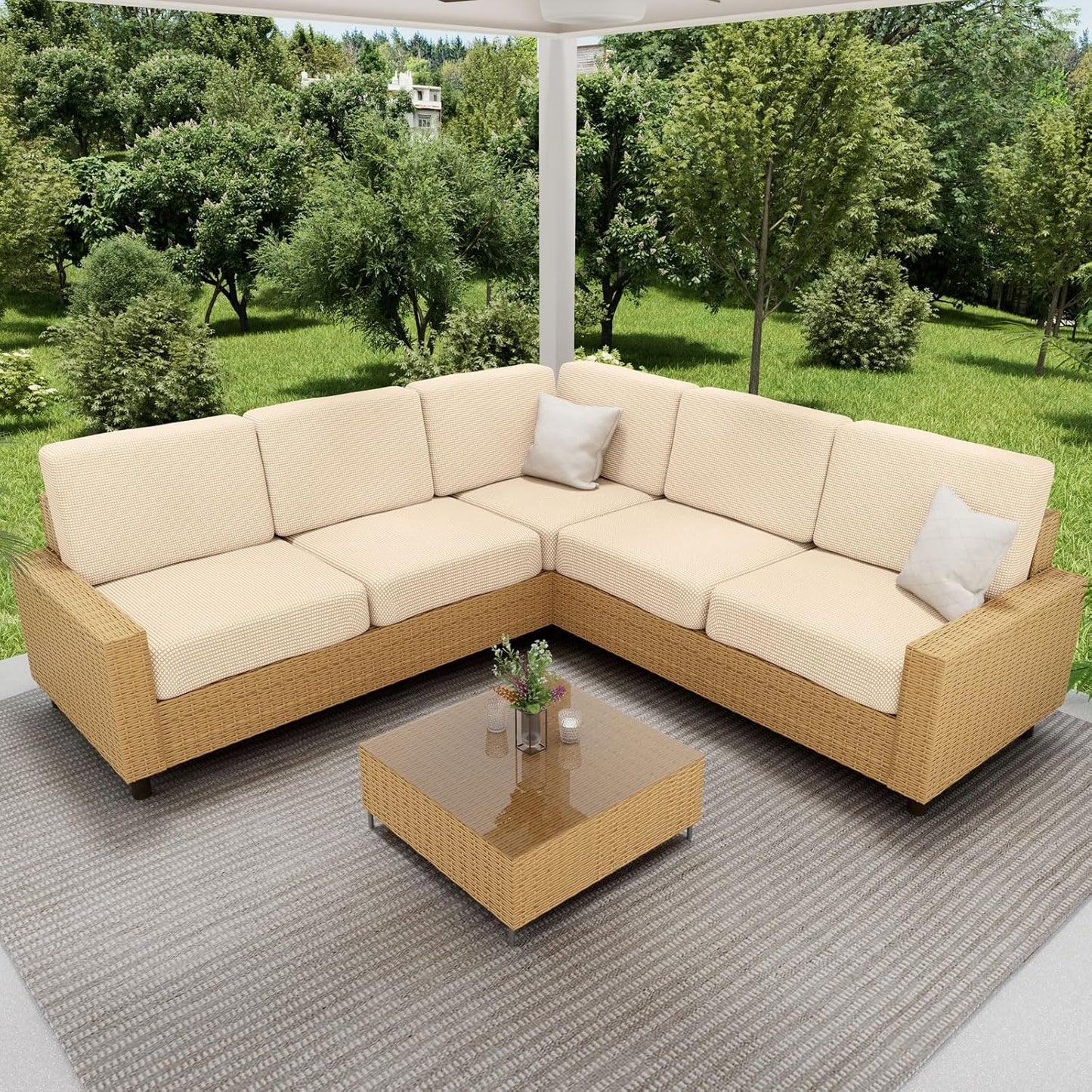 hyha Waterproof Sectional Couch Covers, Non Slip Sofa Couch Cushion Covers L Shape, Thick Stretch Jacquard Fabric, Washable Sofa Slipcovers with Elastic Bottom (1 Piece for Chaise, Beige)