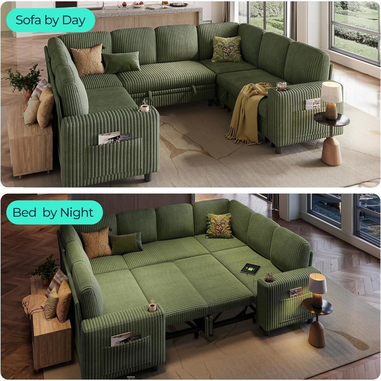 LINSY HOME Sectional Sleeper Sofa with Pull Out Couch Bed - Convertible Plush Corduroy Cloud Couch with Storage Chaise & USB Charging, Comfy Modular Couches for Living Room, Green