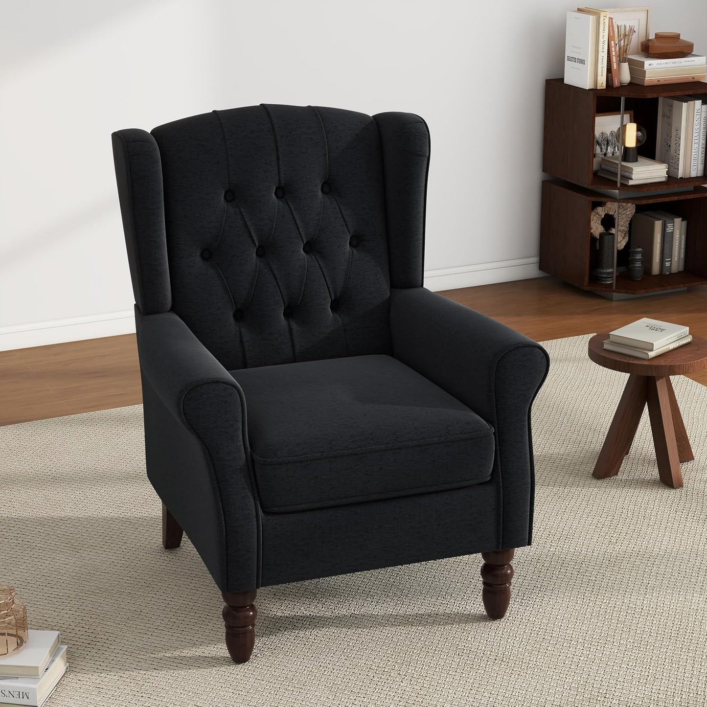 UIXE High Back Accent Chair, Upholstered Armchair in Fabric, Retro Wingback Arm Chair for Living Room, Comfy Single Sofa Bedroom Reading Seat with Solid Wood Legs - Black Blue