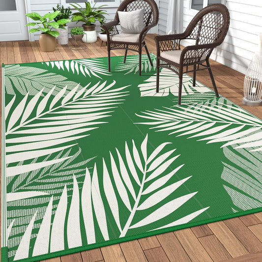 GENIMO Outdoor Rug 6' x 9' Waterproof for Patios Clearance, Reversible Outdoor Plastic Straw Camping Rug Carpet, Large Area Rugs Mats for RV, Picnic, Backyard, Deck, Balcony, Porch, Dark Green&White