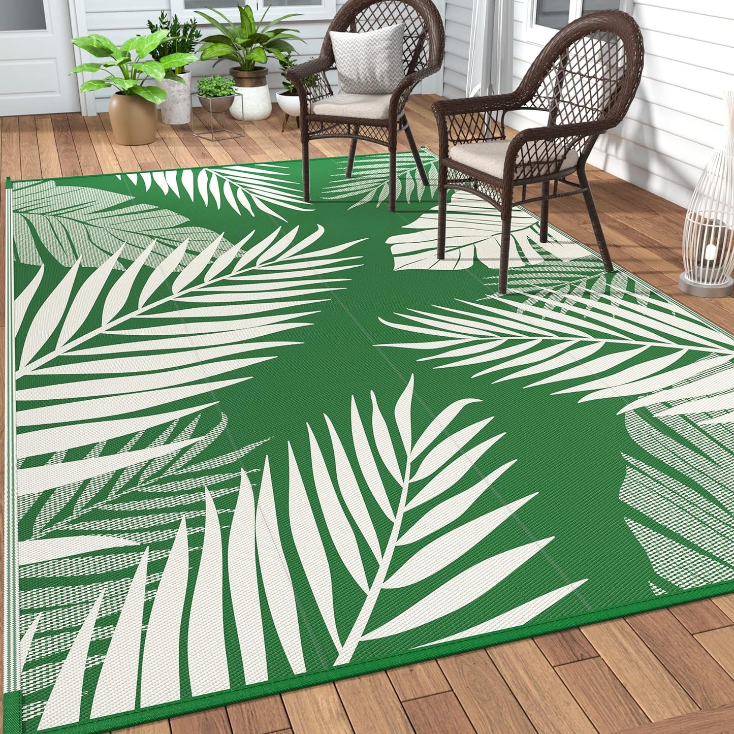 GENIMO Outdoor Rug 5' x 8' Waterproof for Patios Clearance, Reversible Plastic Straw Camping Rug Carpet, Large Area Rugs Mats for RV, Picnic, Backyard, Deck, Balcony, Porch, Dark Green&White