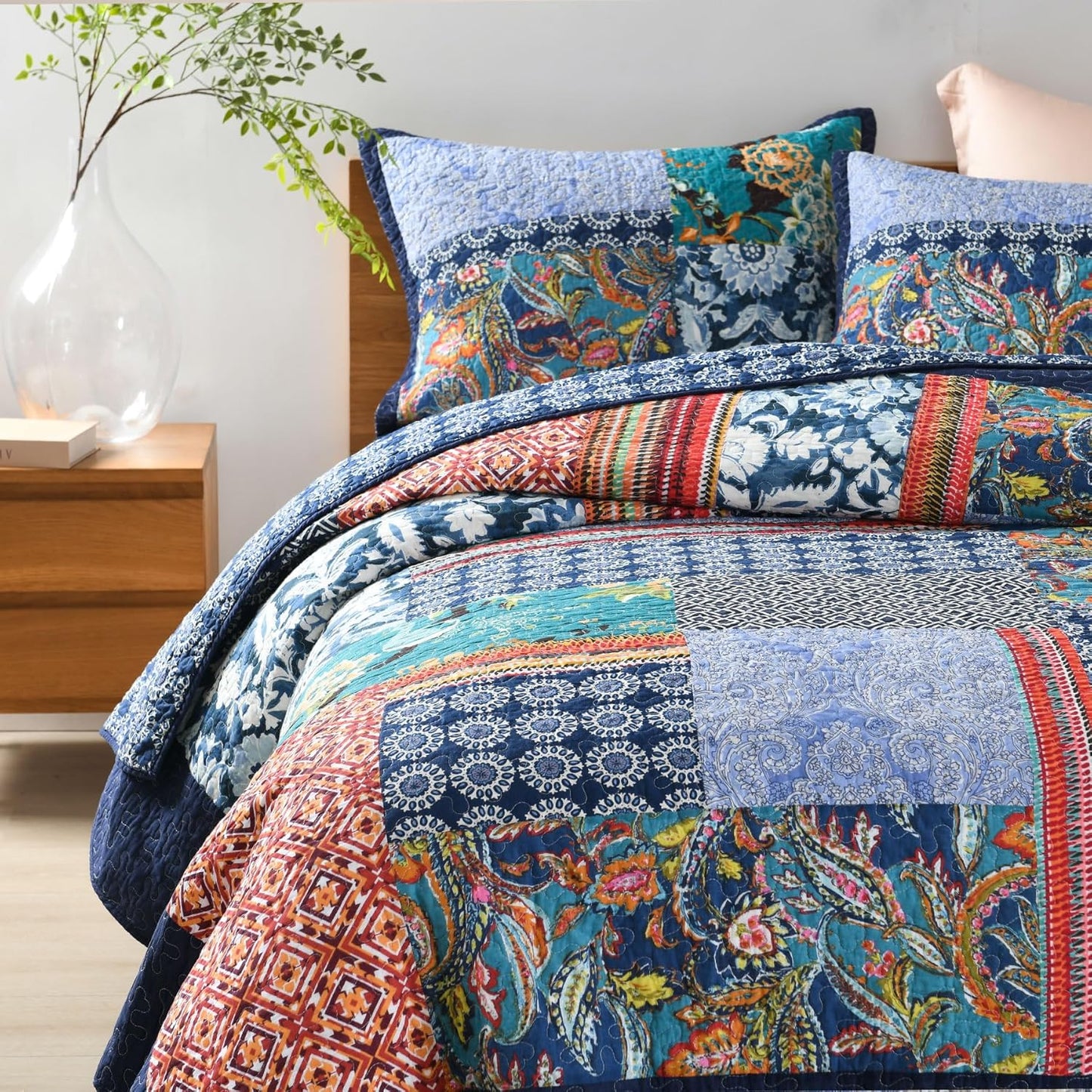 Secgo Queen Comforter Set for Bed - 100% Cotton Quilts Queen Size, Navy, Bohemia Bedspreads (90 * 98 Inch) with 2 Pillow Shams, Patchwork Reversible Lightweight Bedding