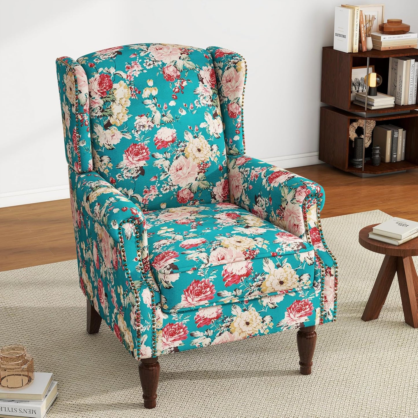 UIXE High Back Floral Accent Chair, Upholstered Armchair in Fabric, Retro Printed Wingback Arm Chair for Living Room, Nailhead Trim Single Sofa Bedroom Reading Seat - Peacock Blue