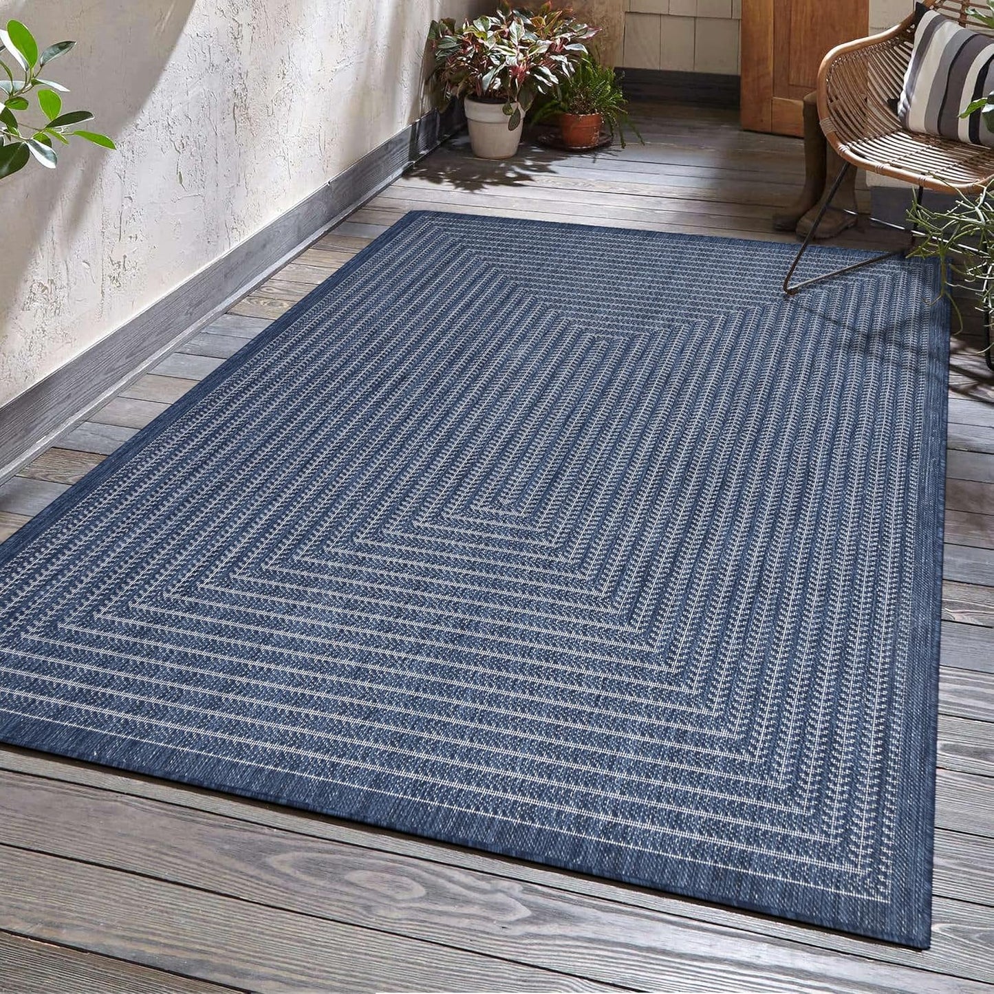 Adiva Rugs Outdoor Indoor Area Rug, Weather Resistant, Easy to Clean, Stain Resistant Floor Mat for Dining Room, Backyard, Deck, Patio (Navy Weiss, 6' x 9')