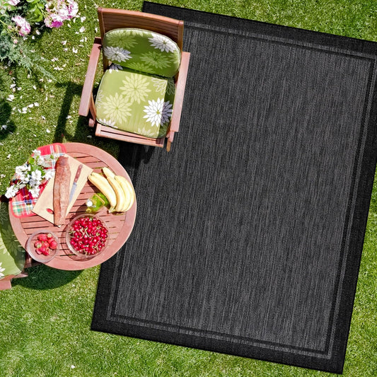 CAMILSON Indoor Outdoor Rug, 5x7 Bordered Dark Grey Black Modern Area Rugs for Indoor and Outdoor Patios, Kitchen and Hallway Mats, Washable Porch Deck Outside Carpet (Bordered Black, 5 x 7)