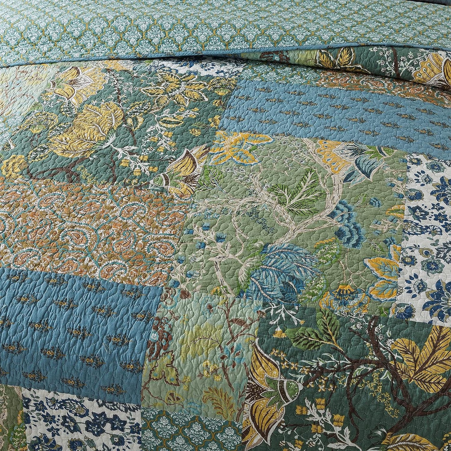 NEWLAKE Cotton Patchwork Bedspread, 3-Piece Bedding Quilt Set with Real Stitched Embroidery, Reversible Matelasse Bed Coverlet Set,Green Farmhouse Garden,King Size