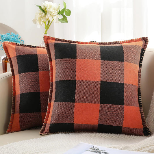 decorUhome Fall Orange and Black Decorative Throw Pillow Covers 16x16 Set of 2, Buffalo Plaid Check Farmhouse Cushion Covers with Stitched Edge for Autumn Harvest Couch Sofa Bed Home Decor