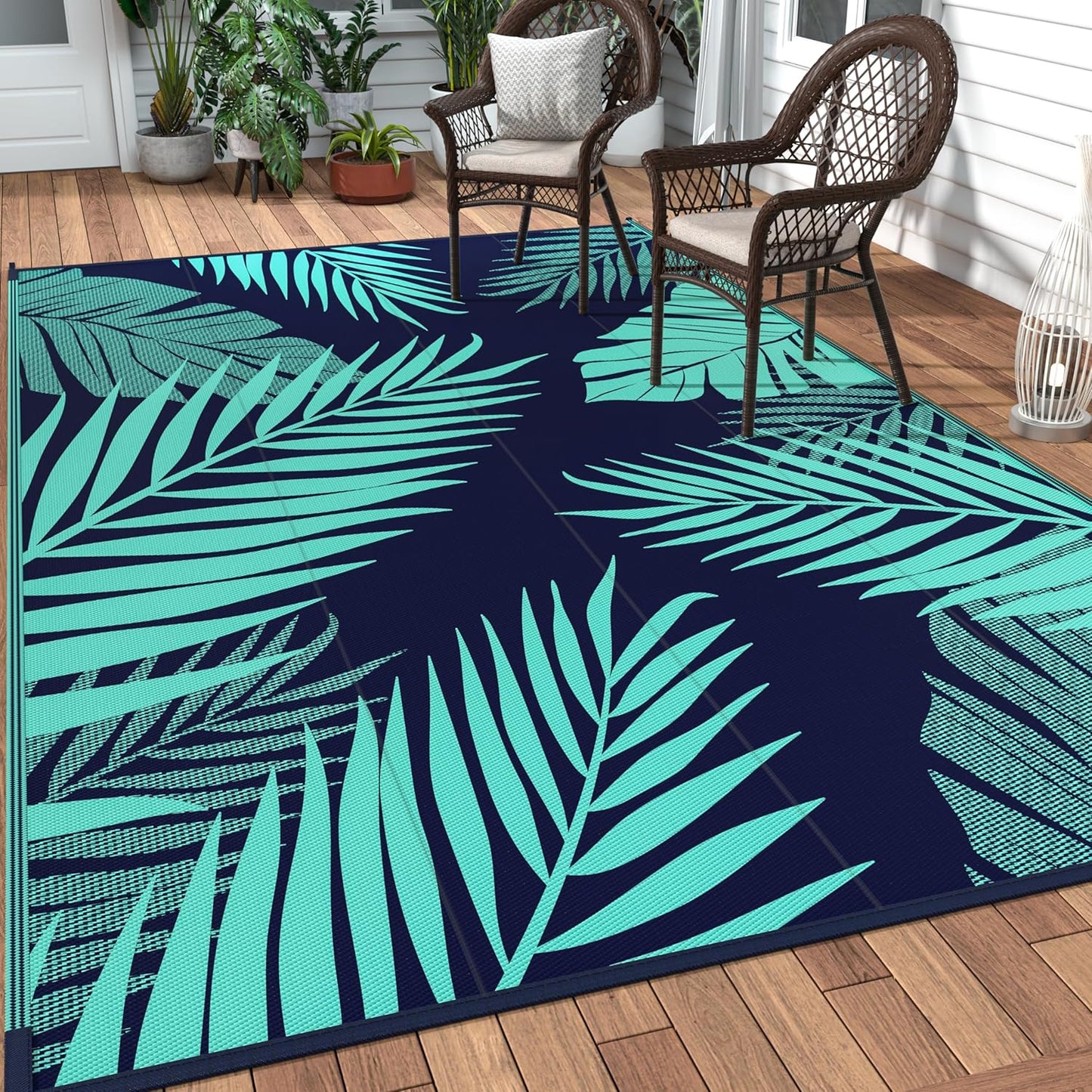 GENIMO Outdoor Rug 5' x 8' Waterproof for Patios Clearance, Reversible Outdoor Plastic Straw Camping Rug Carpet, Large Area Rugs Mats for RV, Camper, Deck, Balcony, Porch, Beach, Navy Blue&Jade Green