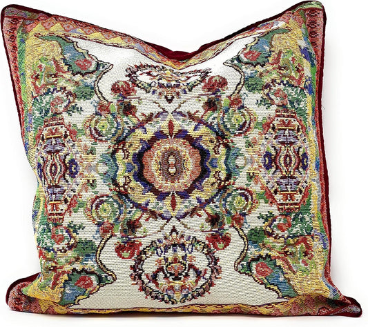 Tache Cushion Cover 18x18 Rococo Elegant Ornate Ivory Colorful Paisley Cotton Linen Tapestry Woven Decorative Throw Pillow Cover, 1 Piece