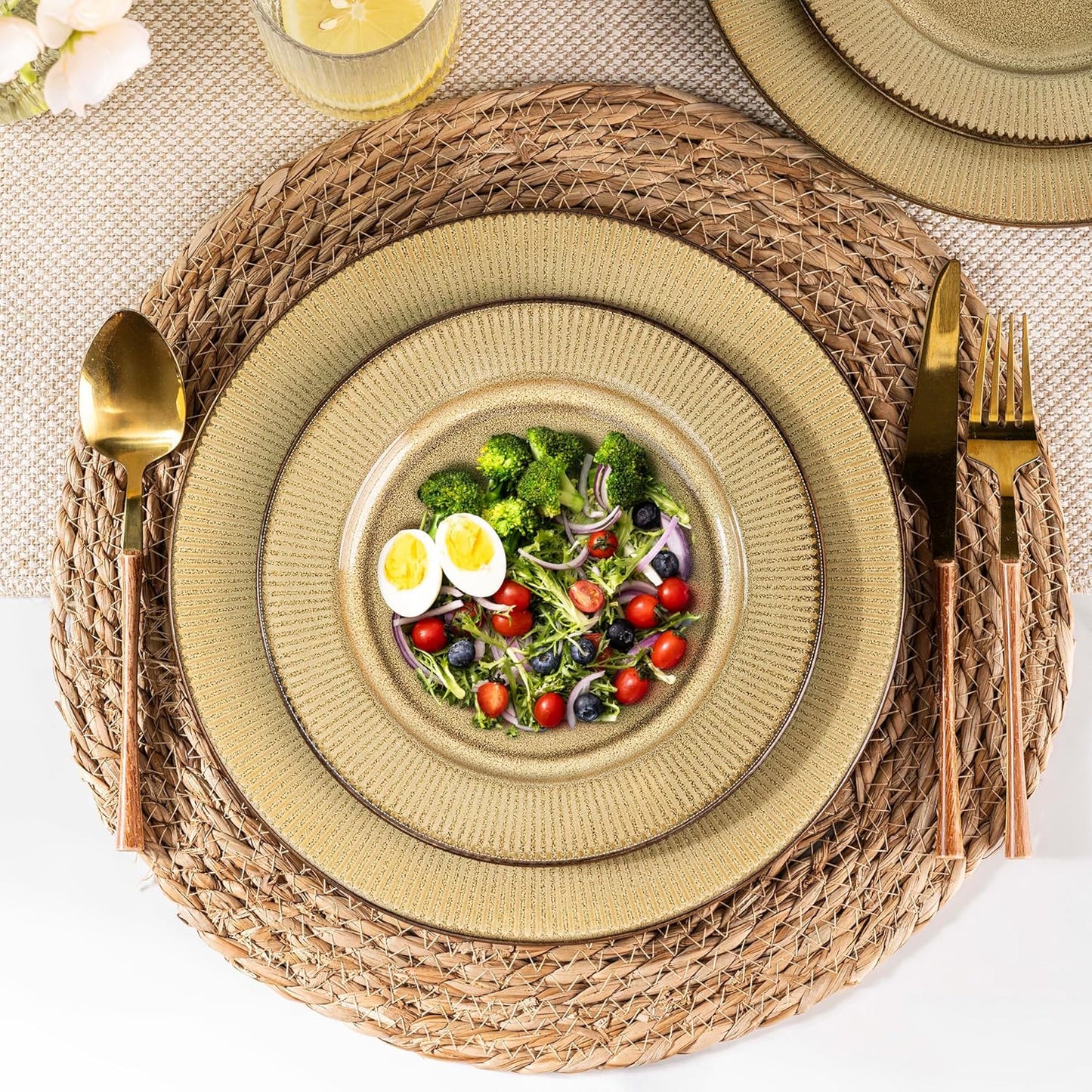 GBHOME Ceramic Dinnerware Sets,12 pcs Embossed Elegant Stoneware Plates and Bowls Sets, Housewarming Wedding Gift | Dishwasher & Microwave Safe | Dishes Set Service for 4