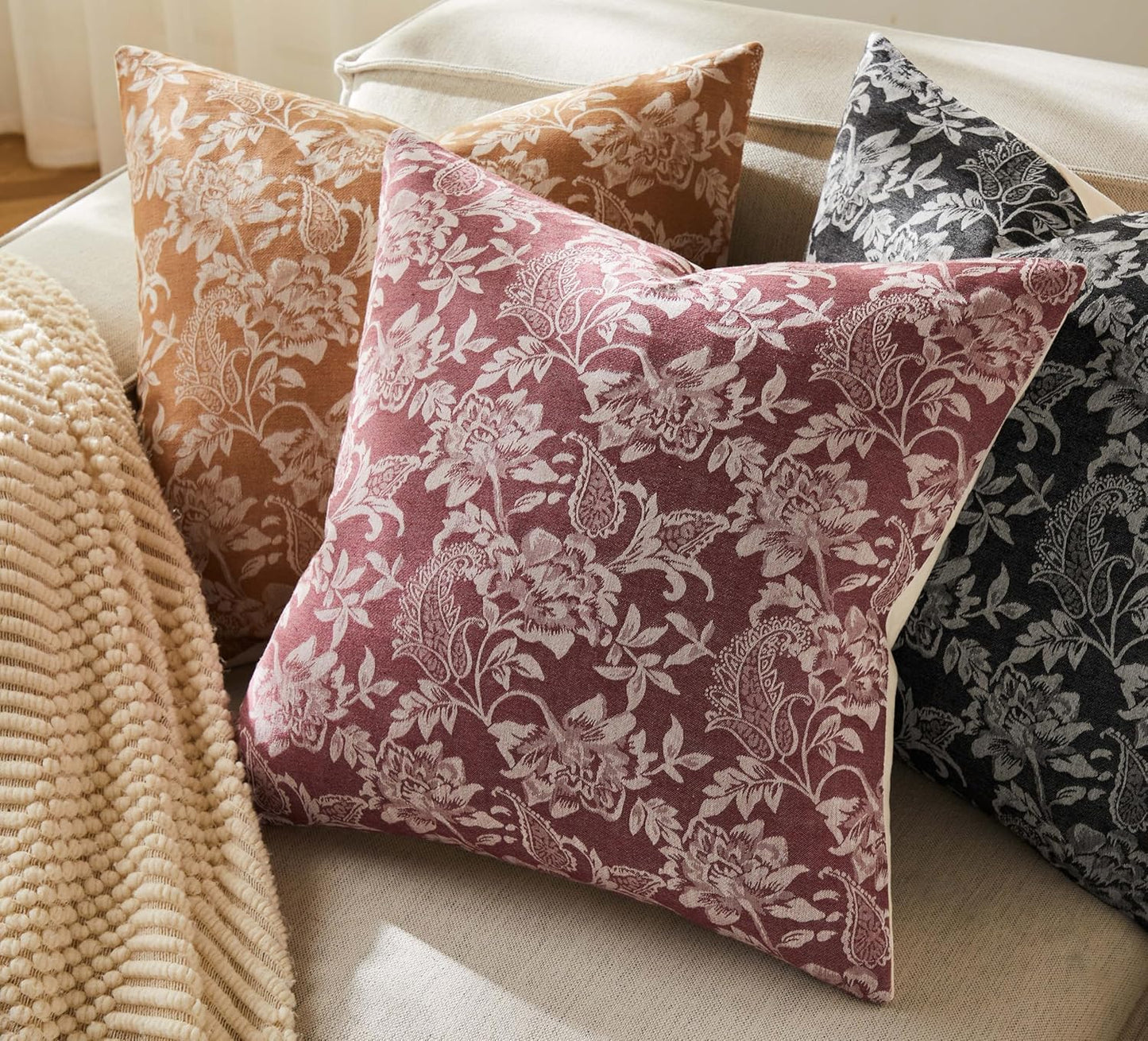 Floral Jacquard Throw Pillow Covers Set of 2, Background/Burgundy 18x18 Inch, Farmhouse Decorative Cotton Burgundy Cushion Covers for Sofa Bed Living Room Home Decor