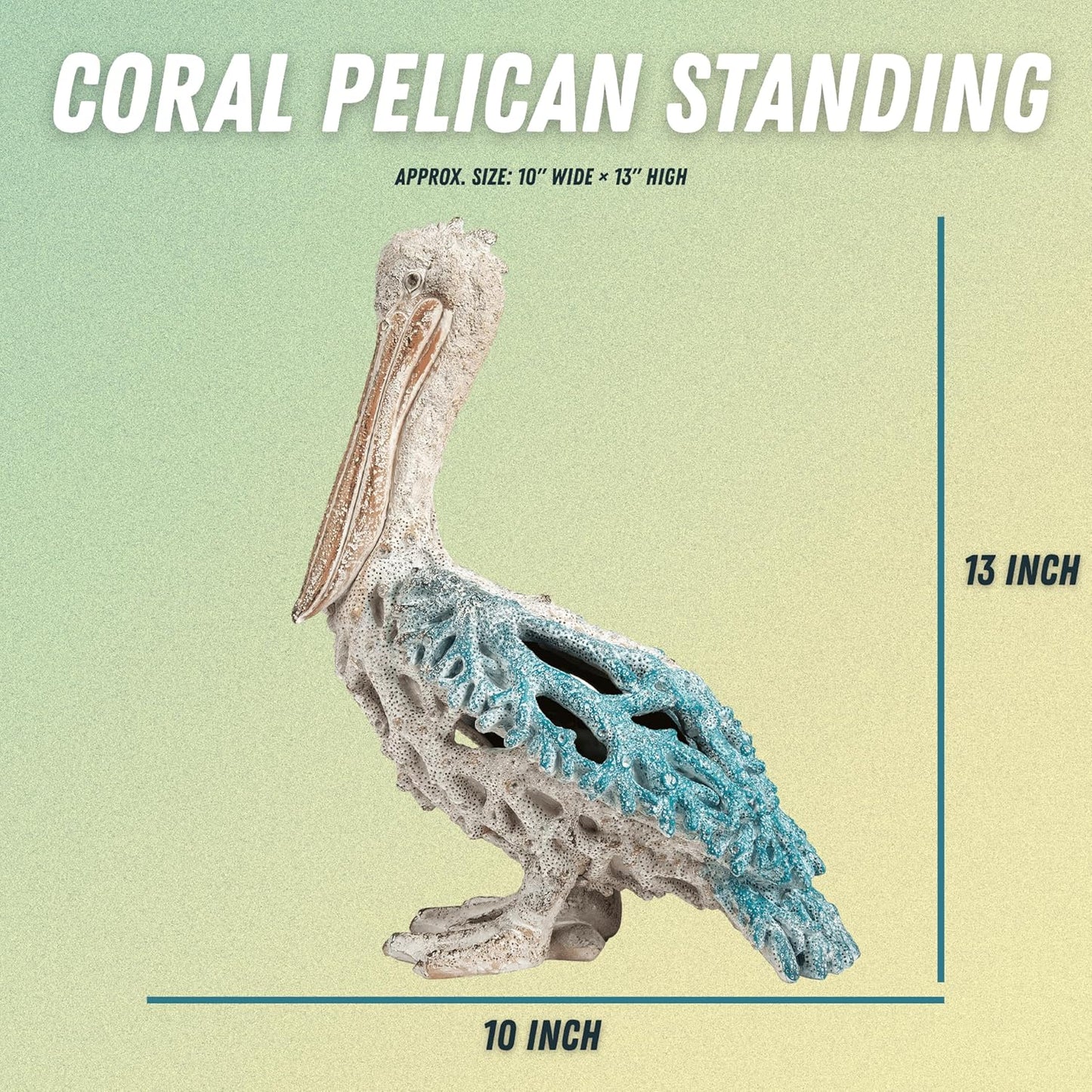 Blue Pelican Standing Figurine 13.75” Coastal Coral Reef Home Decor Nautical Beach Statue for Tabletop Shelf or Mantel Ocean Inspired Room Accents