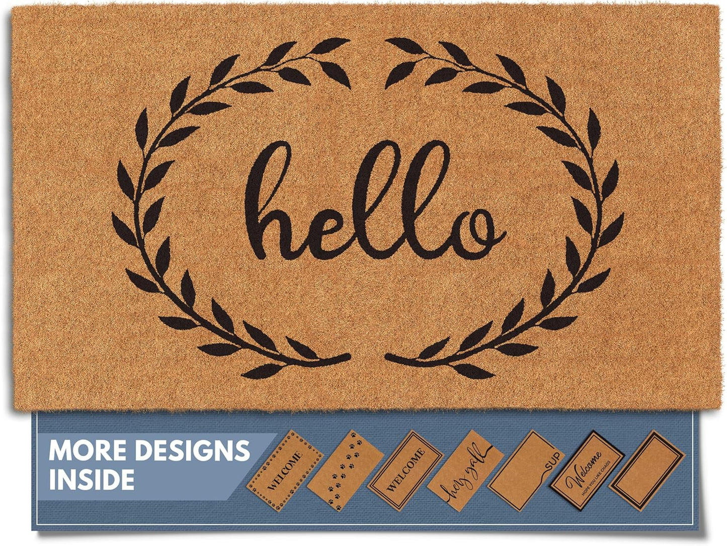 Barnyard Designs Natural Coco Coir Heavy Duty Backing Doormat - Large Cute Non-Slip Front Door Welcome Mat for Outside Entrance or Porch Entry, Brown (17x30, Hello Wreath)