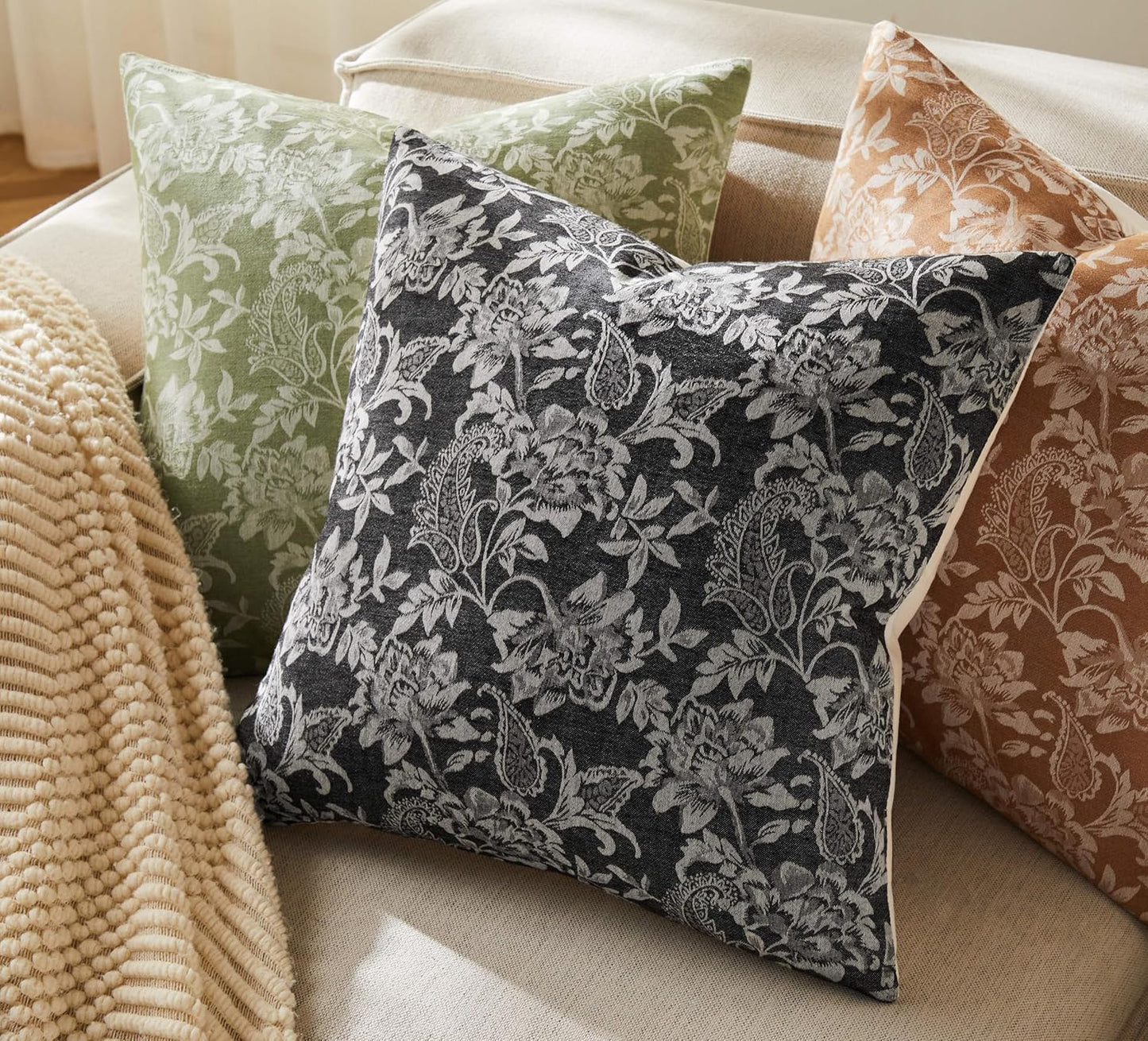 Floral Jacquard Throw Pillow Covers Set of 2, Background/Charcoal 20x20 Inch, Farmhouse Decorative Cotton Dark Grey Cushion Covers for Sofa Bed Living Room Home Decor