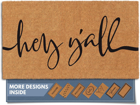 Barnyard Designs Natural Coco Coir Heavy Duty Backing Doormat - Large Cute Non-Slip Front Door Welcome Mat for Outside Entrance or Porch Entry, Brown (17x 30, Y'all)