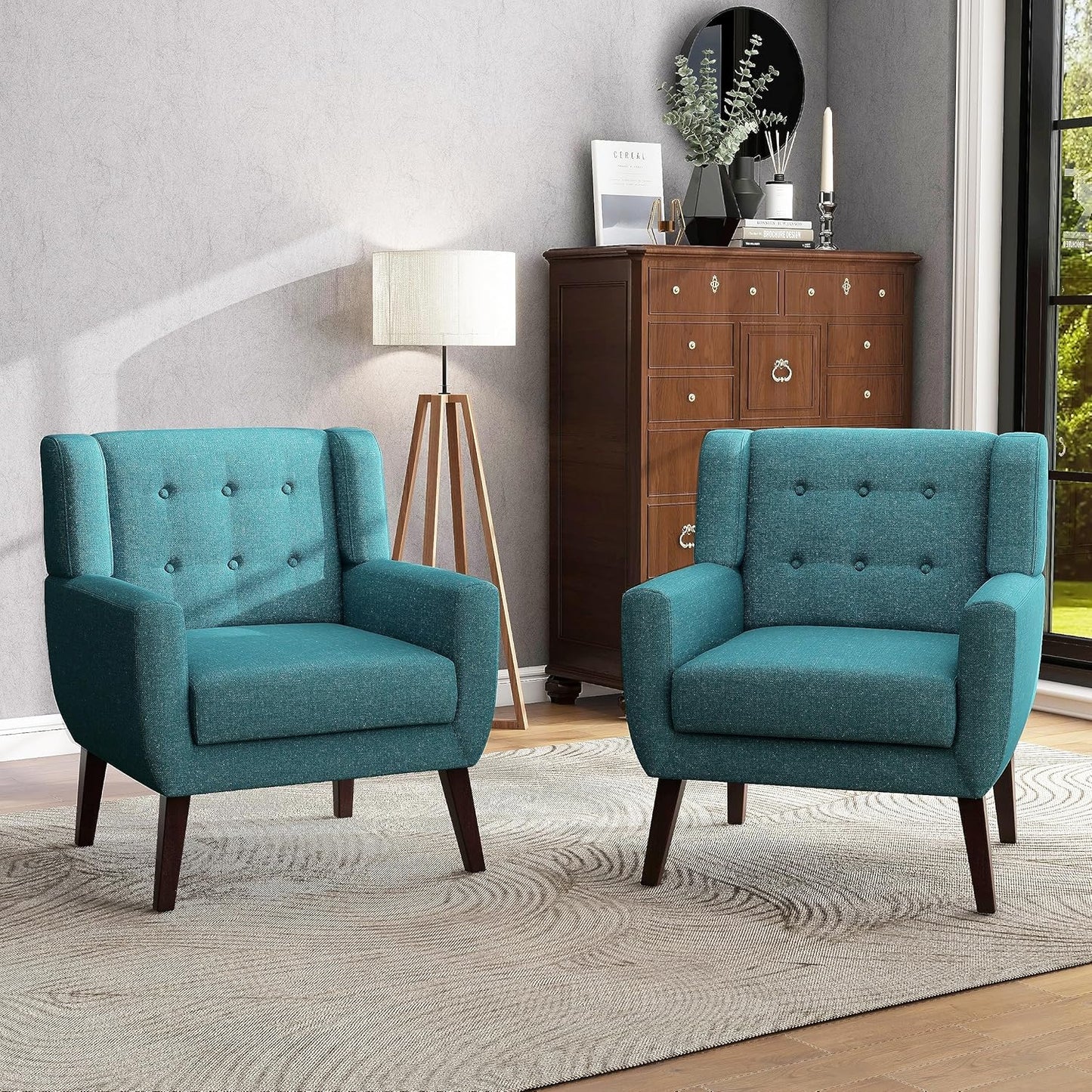 UIXE Accent Chair, Modern Upholstered Armchair in Fabric for Living Room, Comfy Club Arm Chairs Single Sofa Button Tufted Bedroom Reading Seat - Turquoise Blue, Set of 2